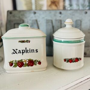 Vintage Japanese Strawberry Ceramic Napkin Holder & Sugar